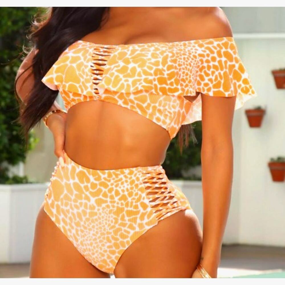 FASHION NOVA NWT Women Medium 2 Piece Orange Giraffe Ruffle Peekaboo Bikini Swim